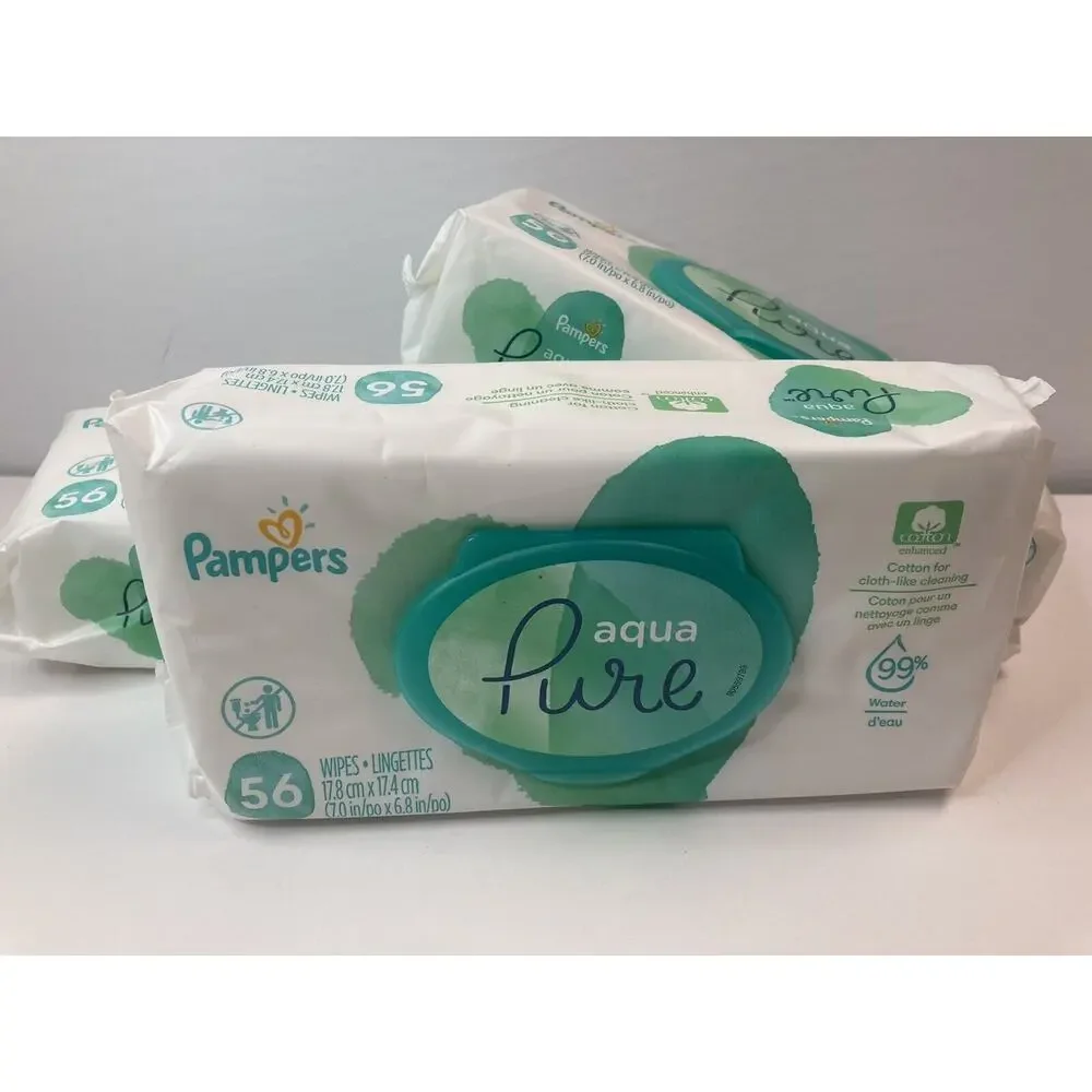 Pampers Aqua Pure Baby Wipes 56 Count 99% Water Hypoallergenic Lot of 3